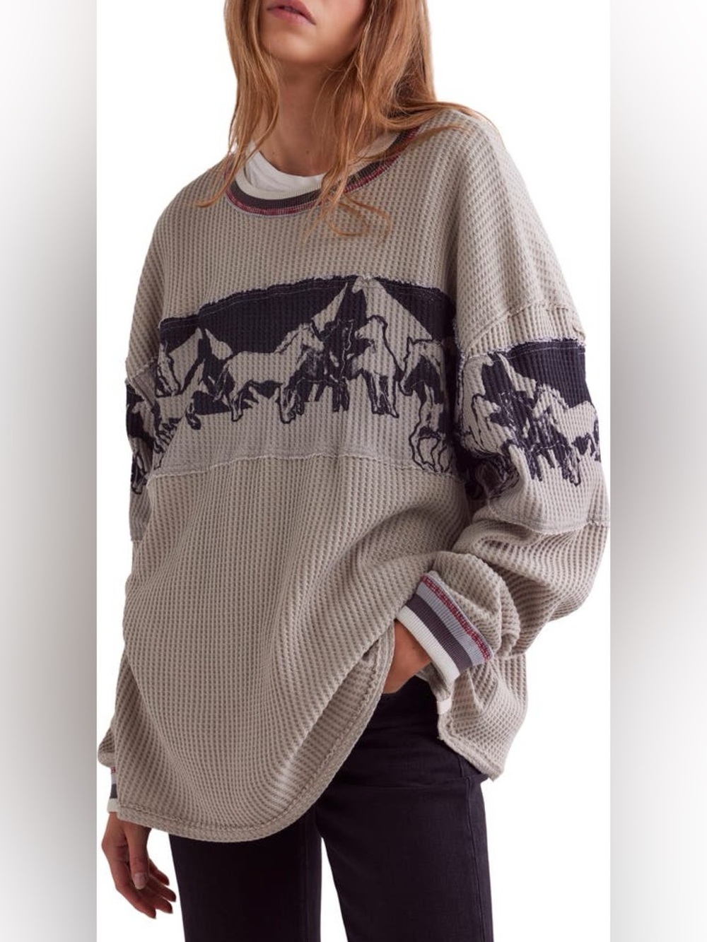 We The Free Gray big sky Waffle Knit Crewneck with Navy Horse Jacquard